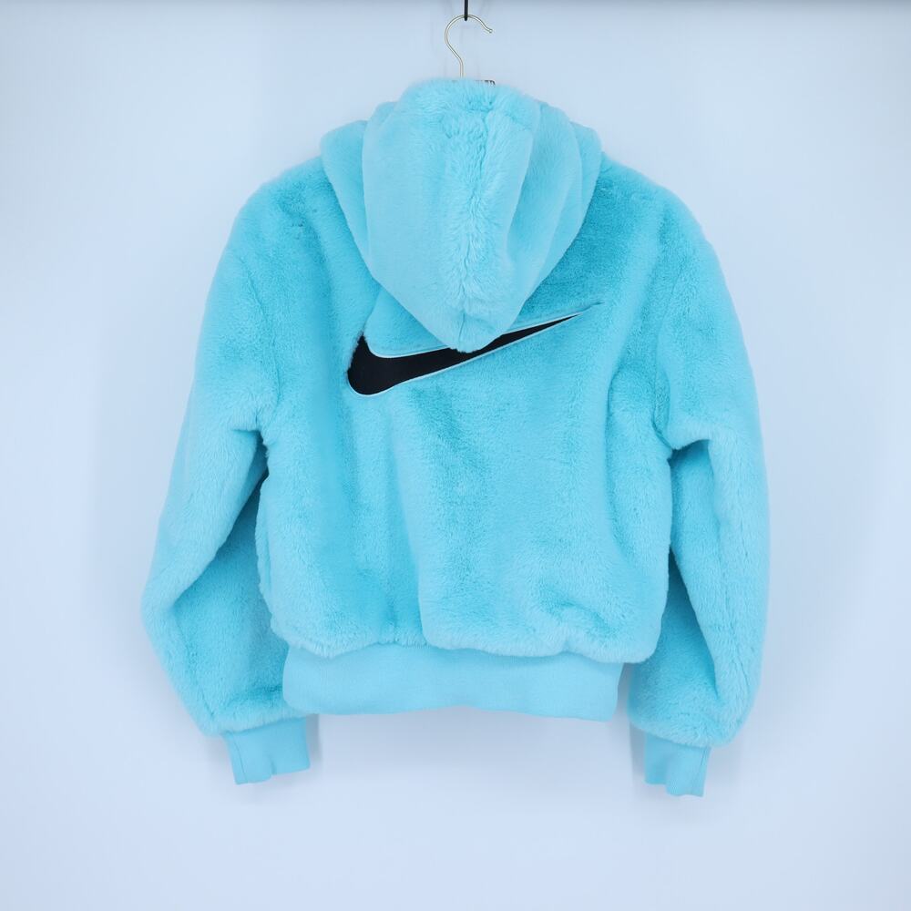 Nike Essentials Faux Fur Hooded Jacket Aqua Blue Full Zip Long Sleeve Women's XS